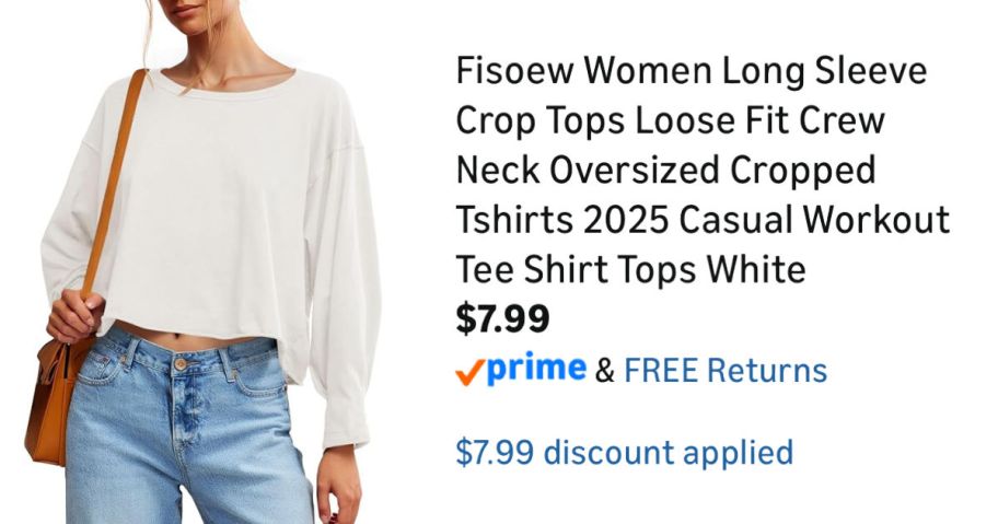 woman wearing white shirt next to Amazon pricing information