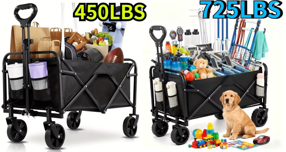 black folding wagons full of items