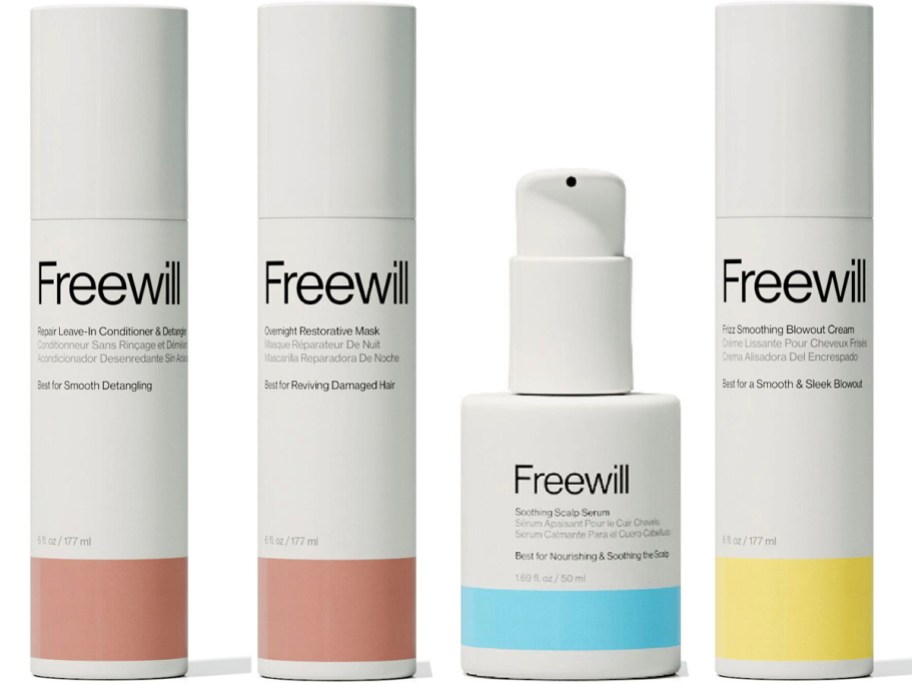 four free will hair product bottles