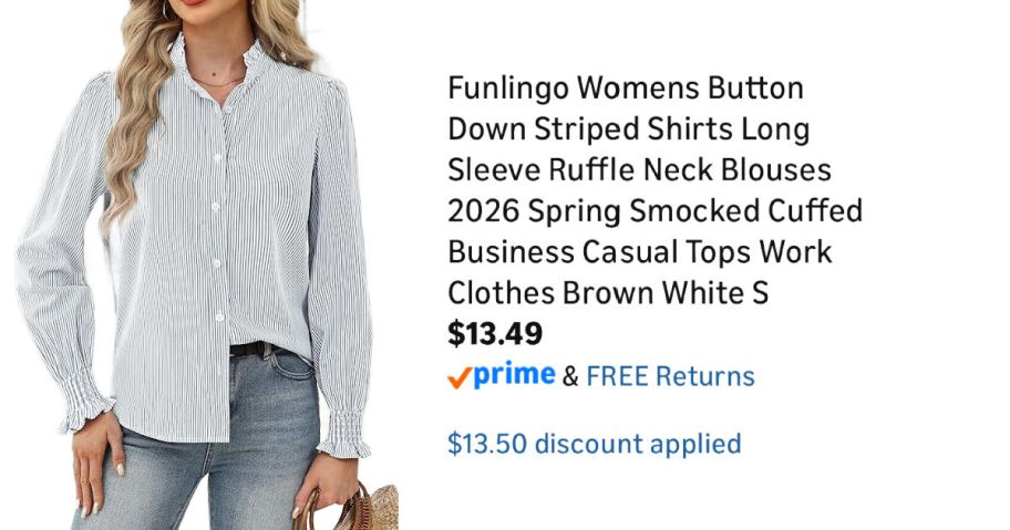 woman wearing button-down shirt next to Amazon pricing information