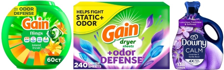 gain flings, gain dryers sheets and downy fabric softener