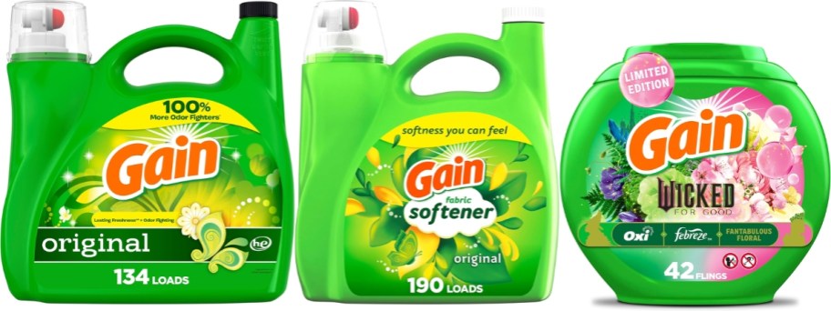 gain detergent and softener bottles and pacs container