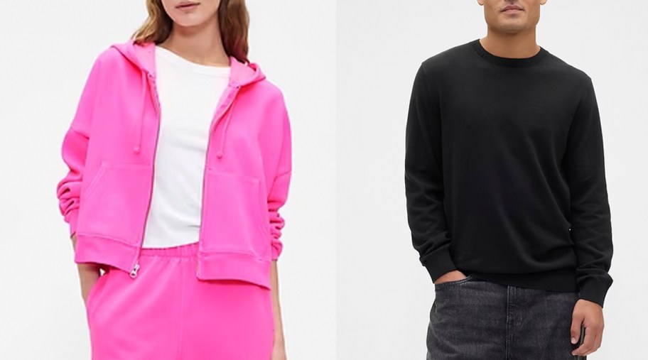 girl wearing pink jacket and man wearing black sweater 