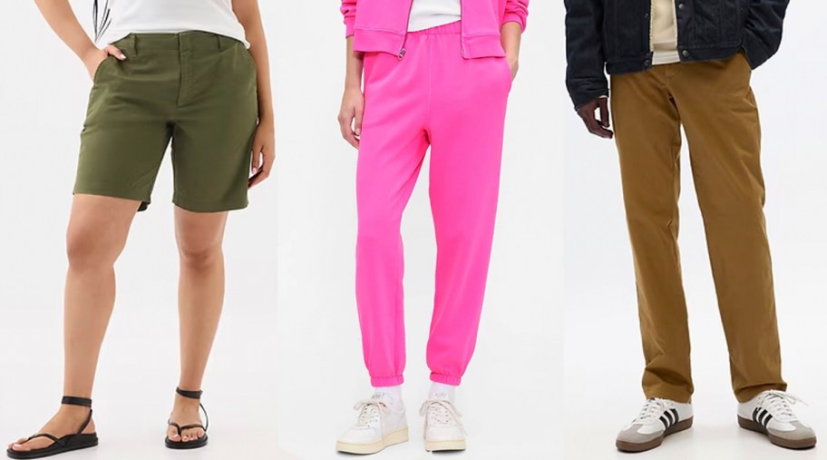 women wearing green shorts, pink pants, and man in tan pants 