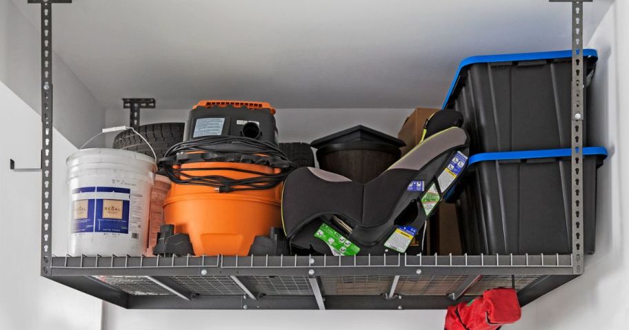garage shelving with multiple items on it