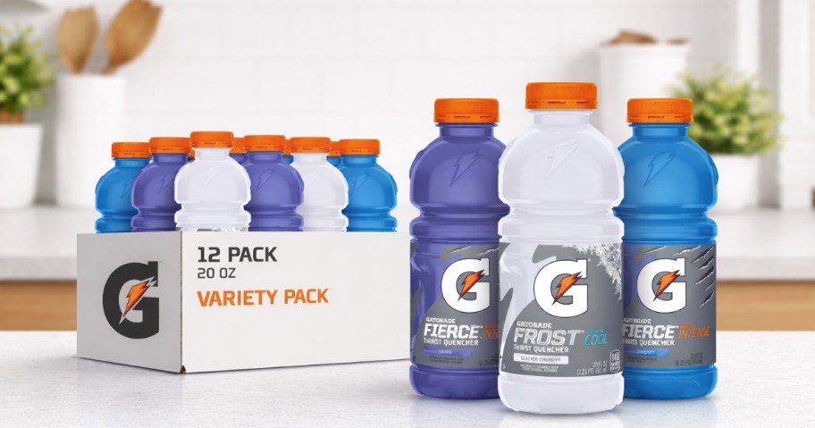 a pack of Gatorade bottles on a counter