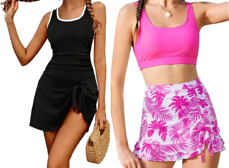 Two girls in swimsuits. The left one wears a black dress with a side tie, holding a straw bag. The right one wears a pink top with a tropical skirt.