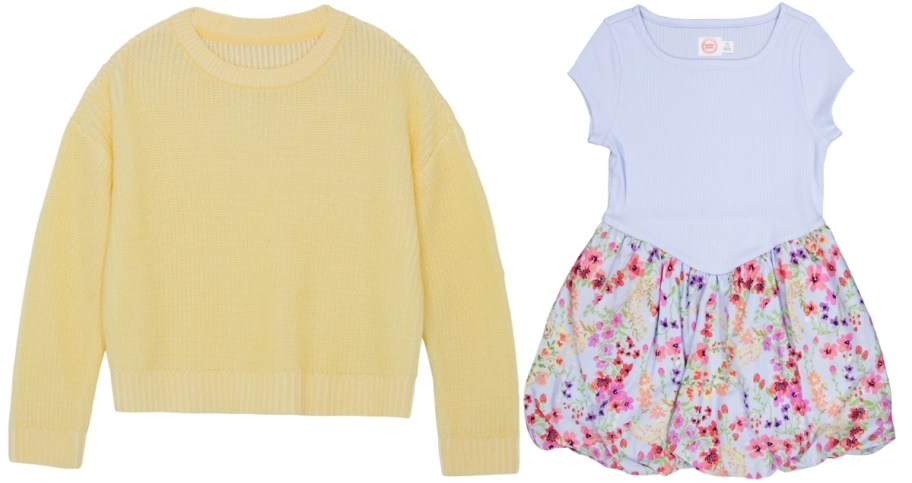 girls yellow seater and blue bubble dress