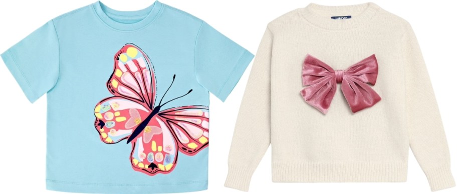 girls butterfly graphic tee and white bow sweater