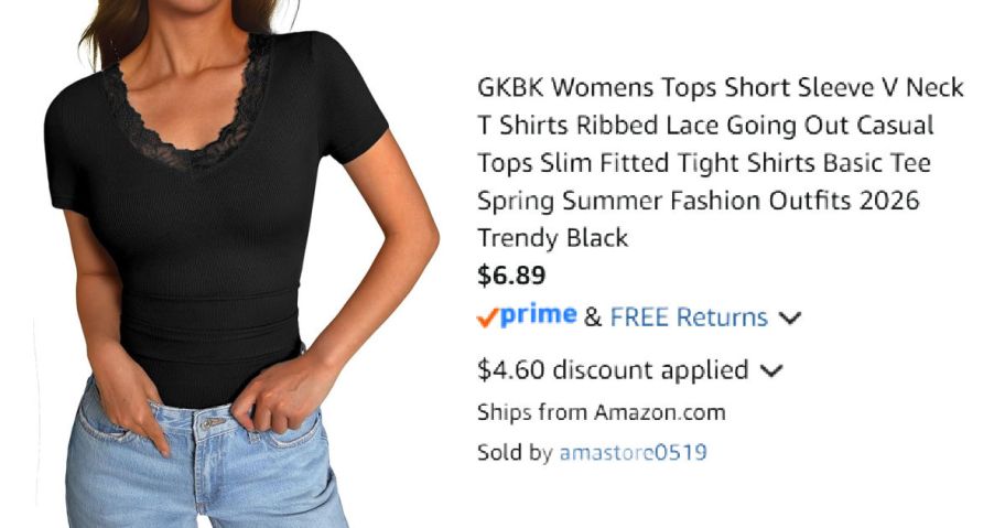 woman wearing black shirt next to Amazon pricing information