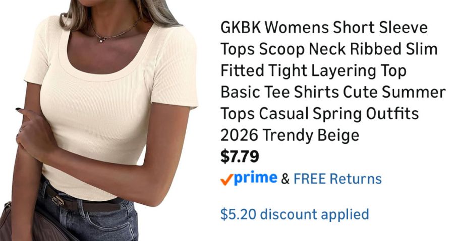 woman in beige shirt next to Amazon pricing information
