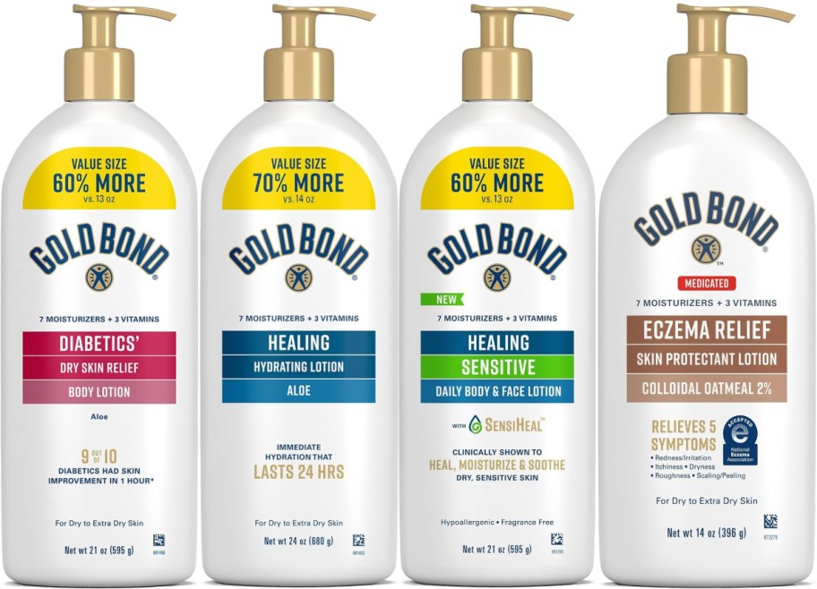 Four different Gold Bond lotion pump bottles standing side-by-side, featuring Diabetics' Dry Skin Relief, Healing, Healing Sensitive, and Eczema Relief.