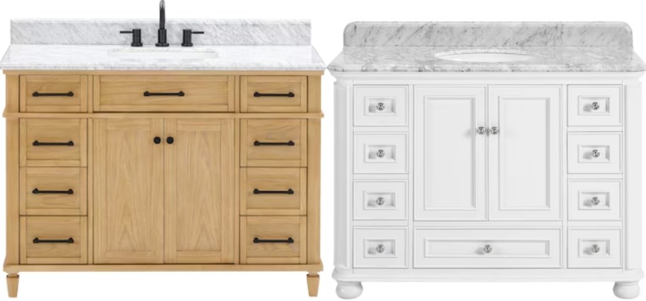 oak and white single sink vanities