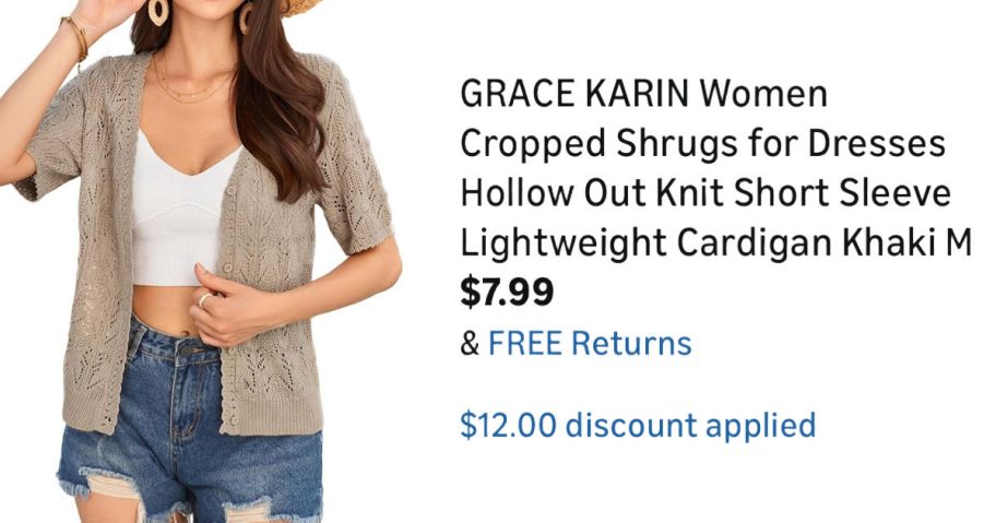 woman wearing tan cardigan next to Amazon pricing information
