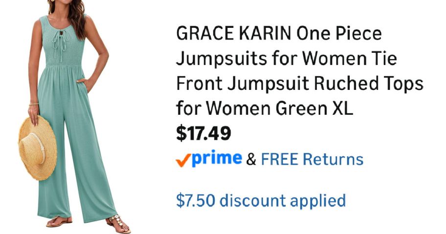 woman wearing green jumpsuit next to Amazon pricing information
