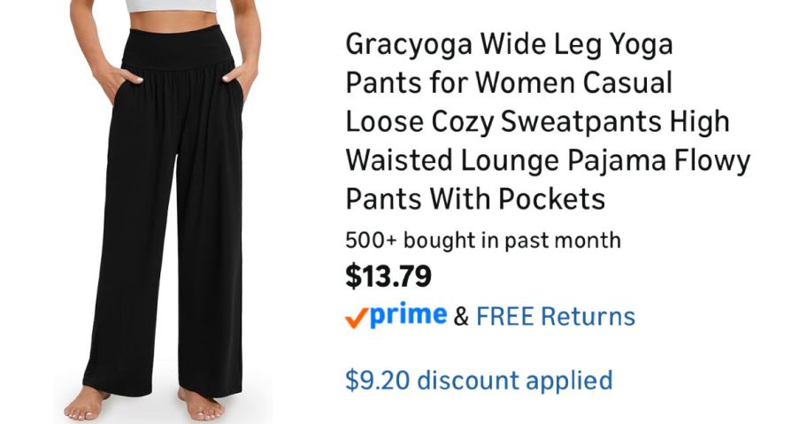 woman wearing black pants next to Amazon pricing information