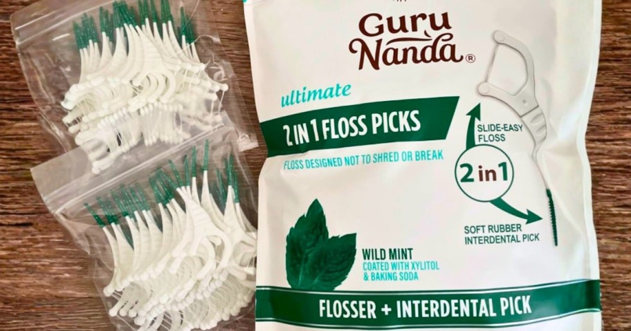 a bag and packs of GuruNando 2-in-1 dental floss picks