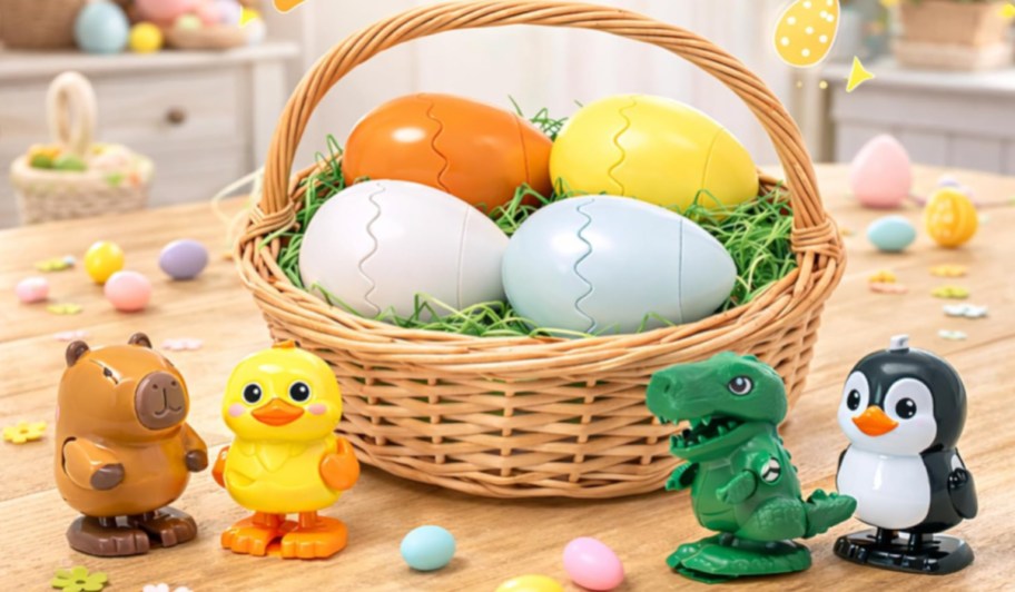 plastic eggs in a basket with animal figurines in front