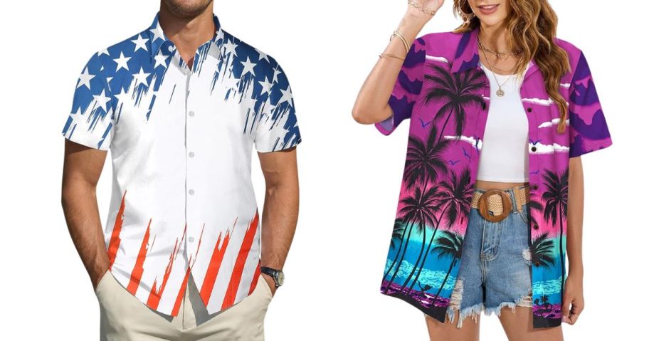 a man and a woman wearing Hawaiian shirts