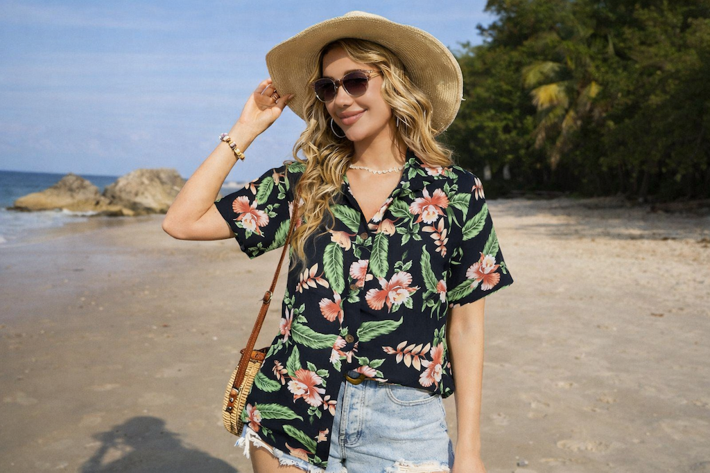 woman wearing Hawaiian top 