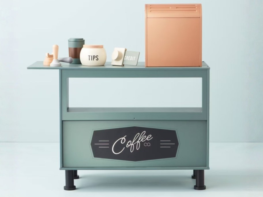 a kids wooden toy coffee stand set