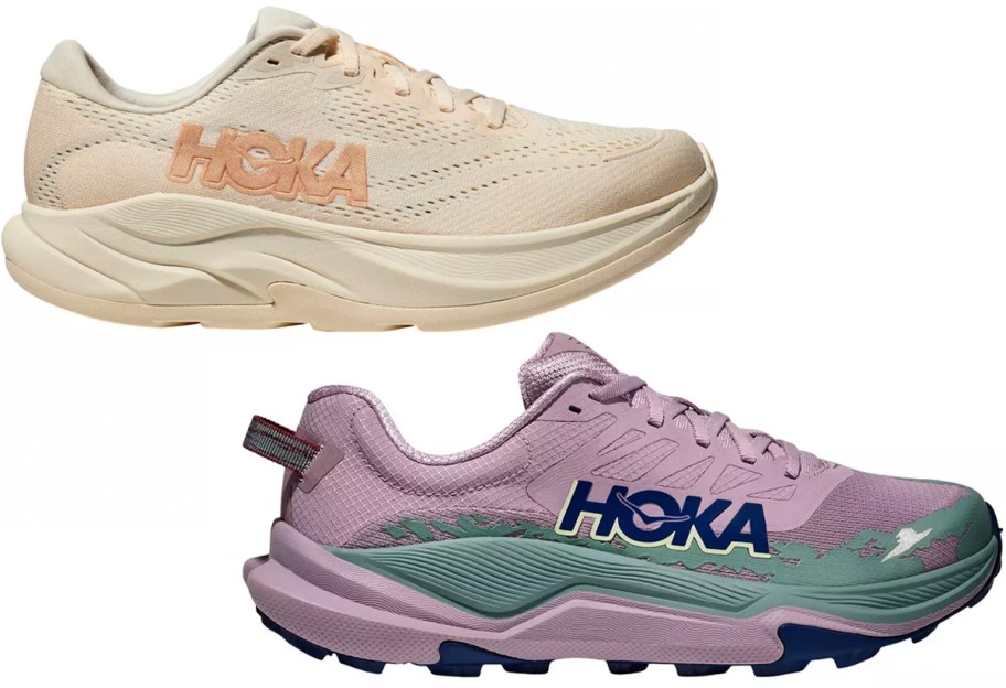 tan and purple hoka running shoes 