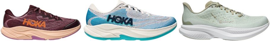 kids, mens, and womens hoka running shoes in 3 styles and colors