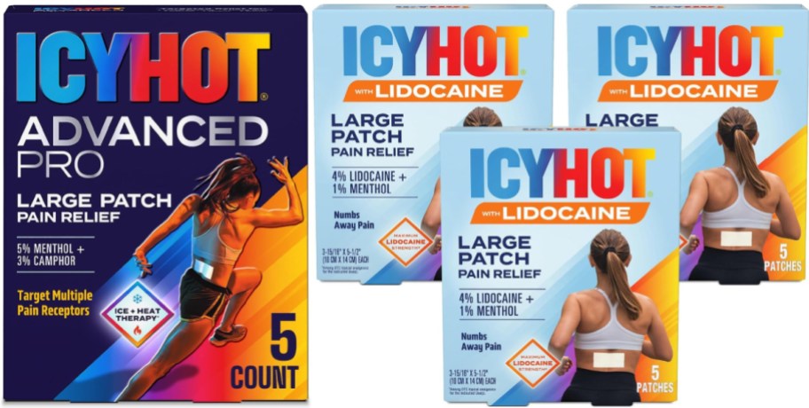 One box of Icy Hot Advanced Pro pain relief patches next to three boxes of Icy Hot with Lidocaine pain relief patches.