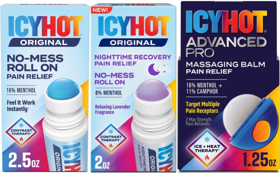 Three different Icy Hot pain relief products standing side-by-side, featuring the Original No-Mess Roll On, the Nighttime Recovery No-Mess Roll On, and the Advanced Pro Massaging Balm.
