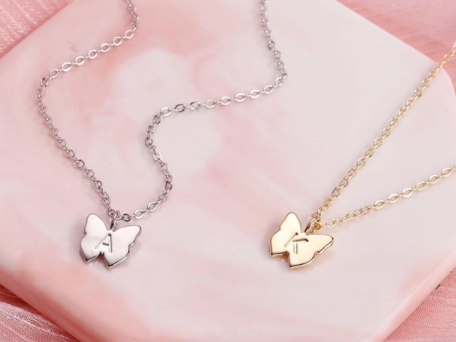 silver and gold butterfly inital necklaces