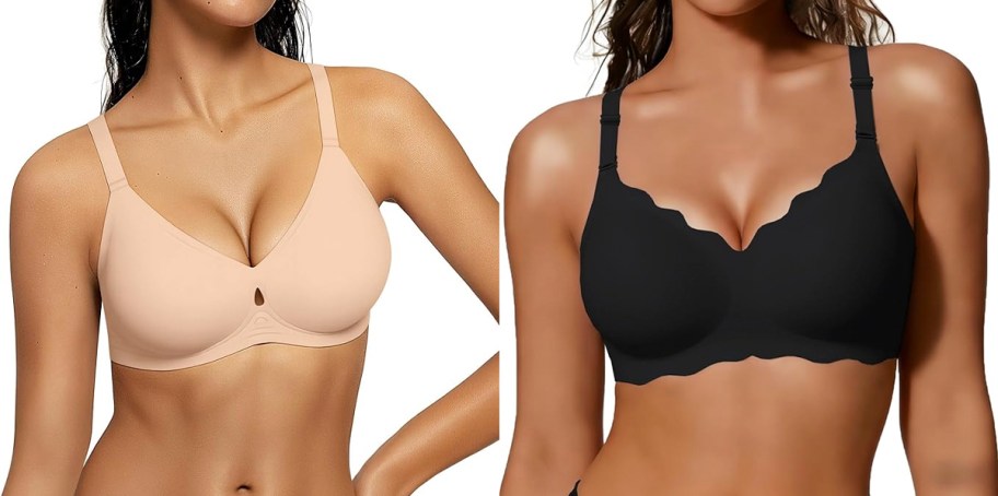 women wearing tan and black bras 