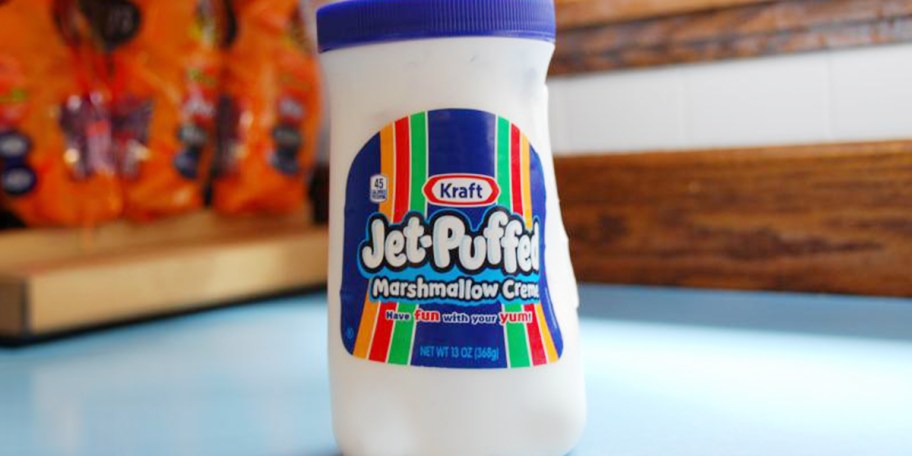 kraft jet puffed marshmallow jar on table