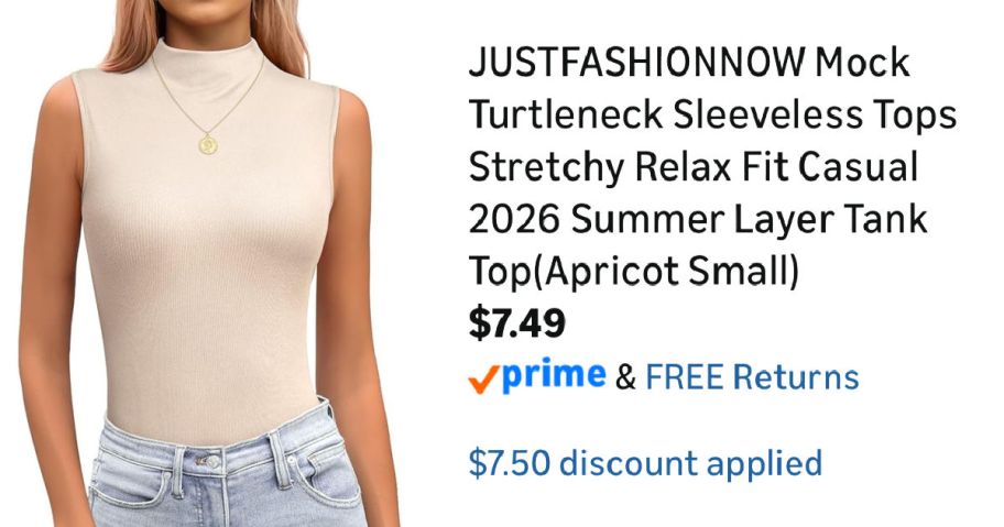 woman wearing beige sleeveless tank top next to Amazon pricing information