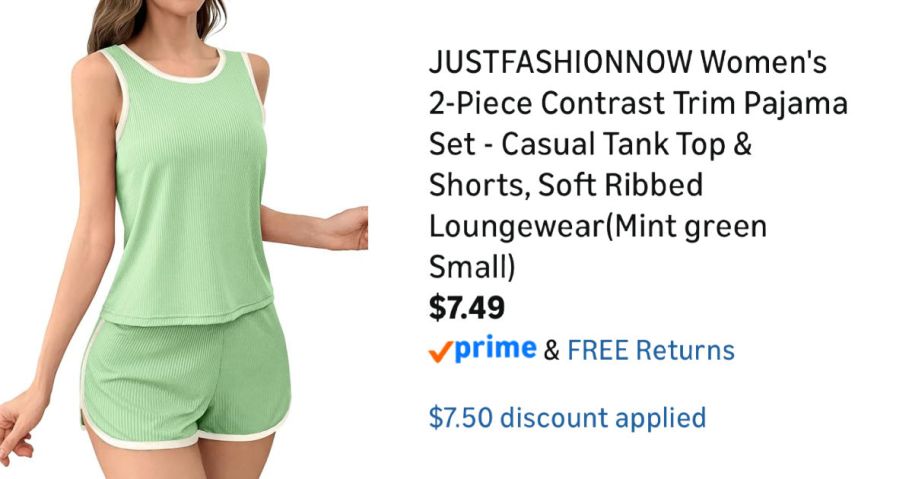 woman wearing green pajamas next to Amazon pricing information