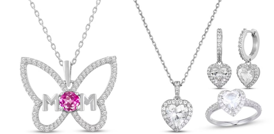 butterfly and heart necklace with ring and earrings 