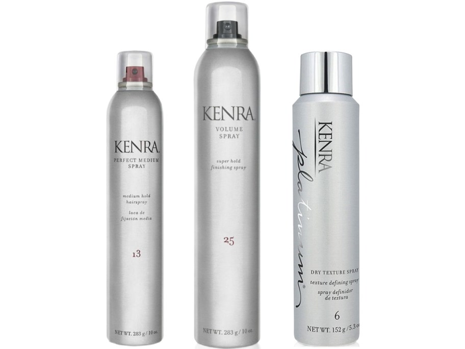 Three silver spray bottles of Kenra hair products are lined up. The first is Perfect Medium Spray, the middle is Volume Spray, and the last is Platinum Dry Texture Spray.