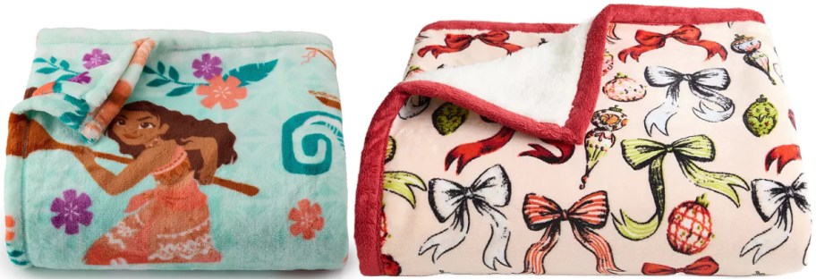 Two folded fleece blankets are shown. The left one features a Moana with flowers and waves on a turquoise background. The right one has colorful bows and ornaments with a red trim.