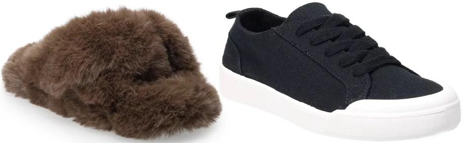 Two shoes side by side: on the left, a fluffy brown slipper with a cozy texture; on the right, a black sneaker with white soles.