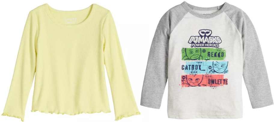 Two long-sleeve shirts: one solid pale yellow with wavy cuffs, and one gray with "PJ Masks" and colorful character graphics on the front.