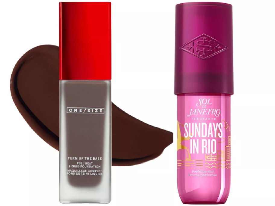 Two cosmetic products side by side: a foundation with a red cap and