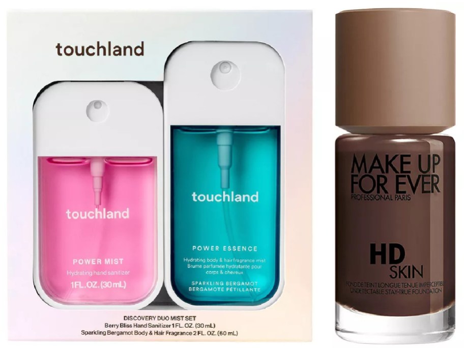 The image showcases two Touchland sanitizing mists, one pink and one blue, in sleek bottles. To the right is a brown Make Up For Ever HD Skin foundation bottle.