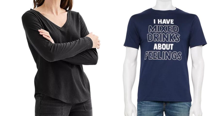 a woman wearing a kohls top next to a mannequin with a mens top on