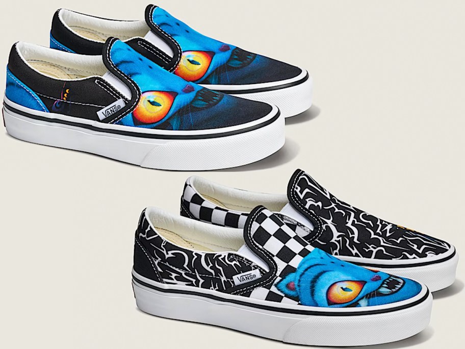 black and blue demon hunters vans slip on shoes 
