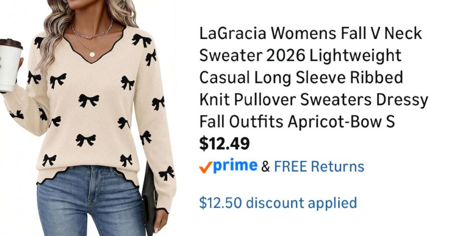 woman wearing bow sweater next to Amazon pricing information