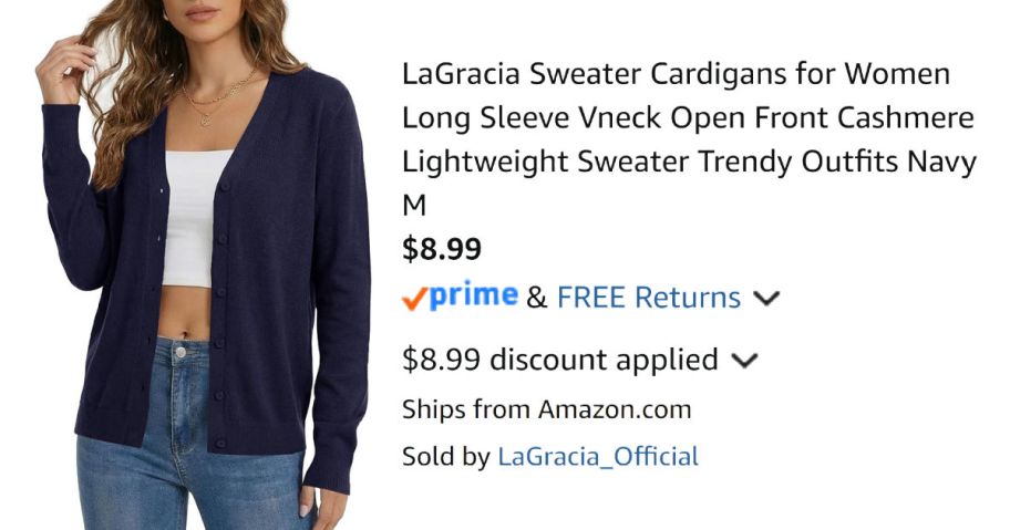 woman wearing navy blue cardigan next to Amazon pricing information