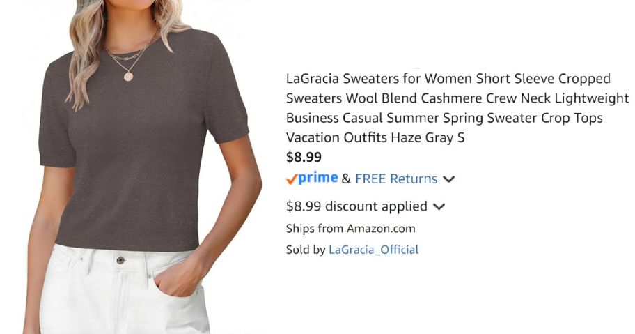 woman wearing brown sweater next to Amazon pricing information