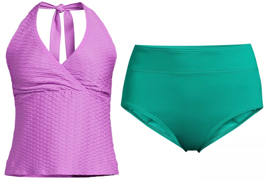 purple swim halter top and green bottoms 