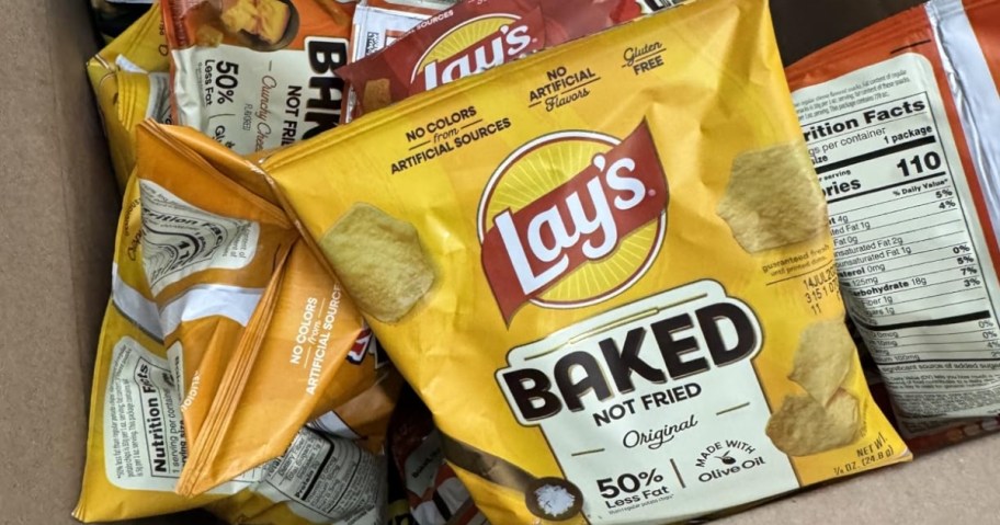 a box filled with a variety of Lay's Baked Chips snack bags