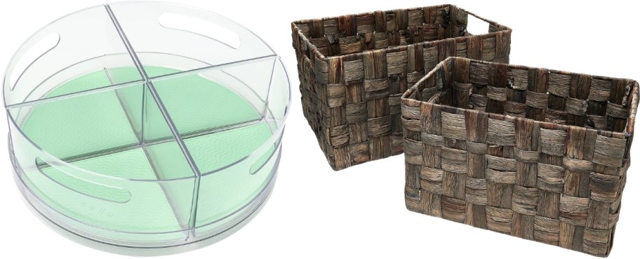 truntable organizer and water hyacinth baskets