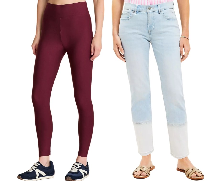 woman in leggings and a woman in a pair of jeans